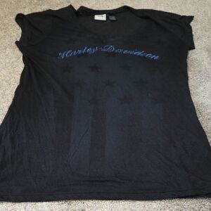 Harley-Davidson Black Tee with Blue Rhinestone Script and Star Accents